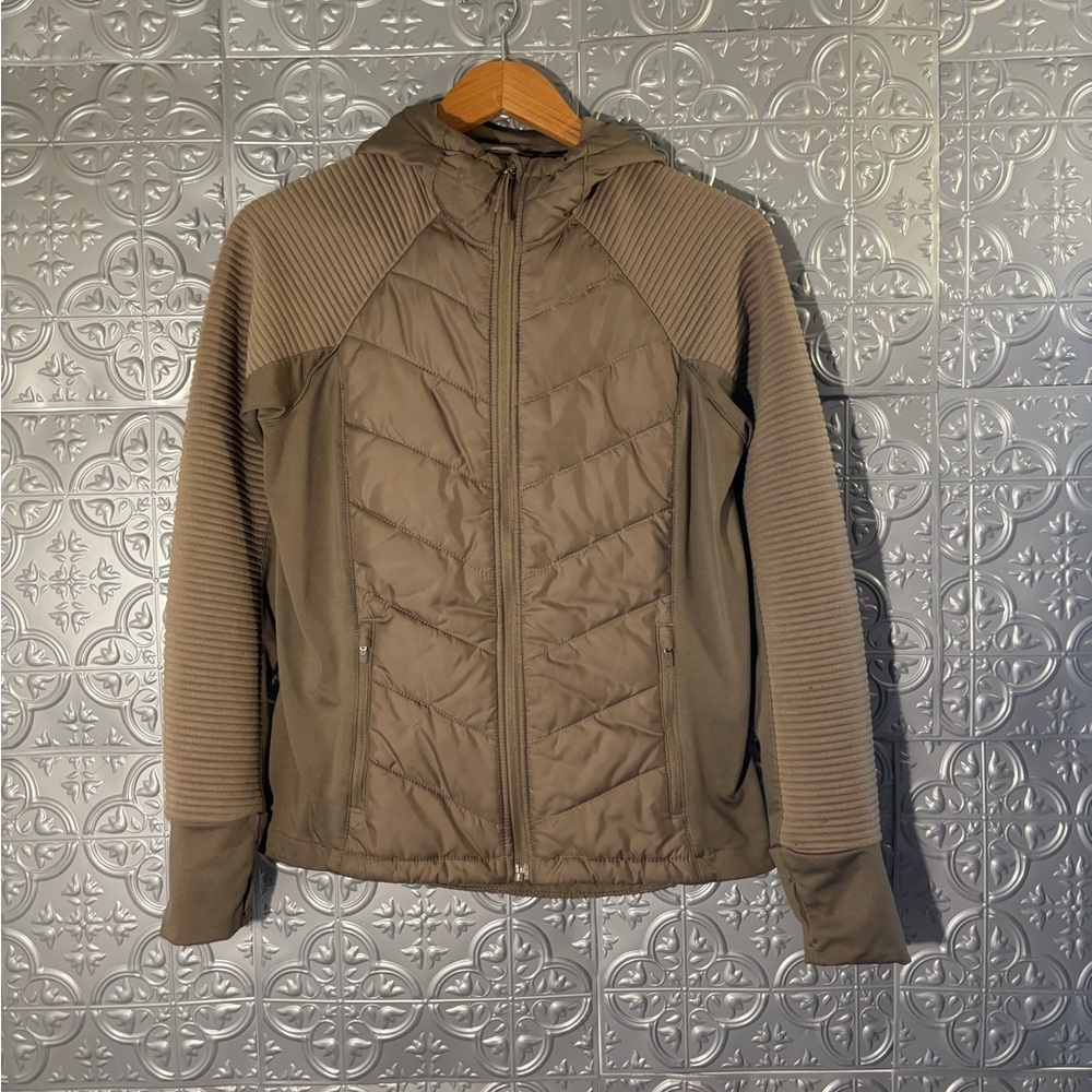 h&m puffer hooded lightweight outdoor jacket in dark beige, size small - Picture 2 of 10